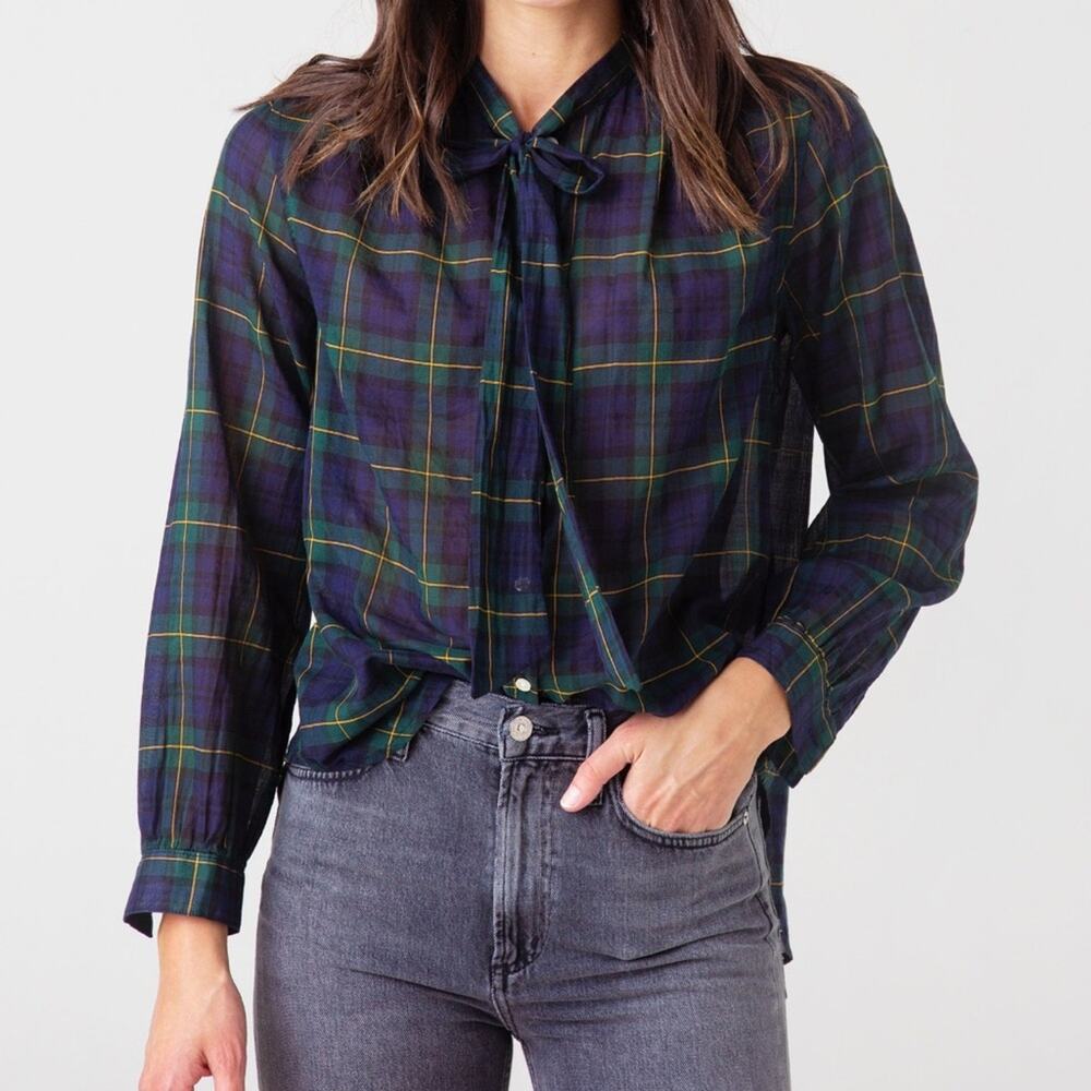 Trovata Tuckernuck Mary Todd Bow Navy Green Plaid Blouse XS